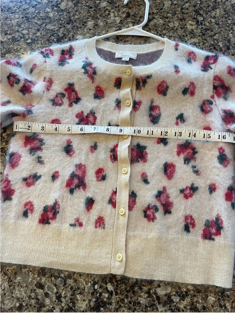 J. Crew Cream Floral Cropped Button-Up Cardigan with Pink Rose Print.
